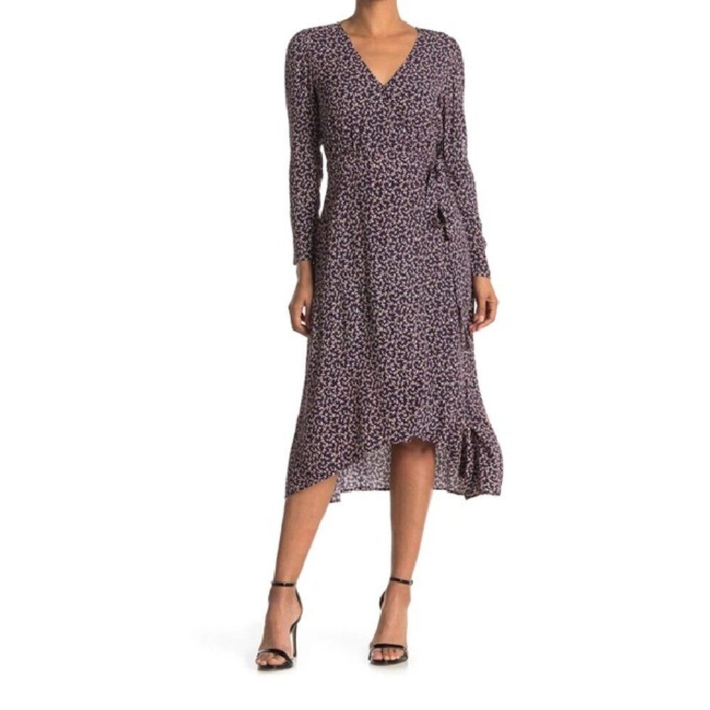 ba&sh Gin Long Sleeve Wrap Midi Dress In Marine Navy Blue Red XS